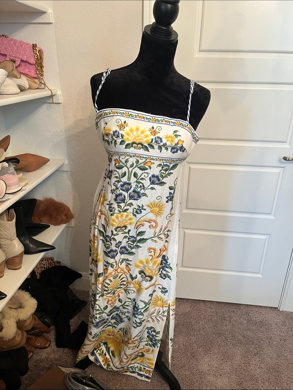 Farm Rio Floral Embroidered White Maxi Dress with Yellow & Blue Accents